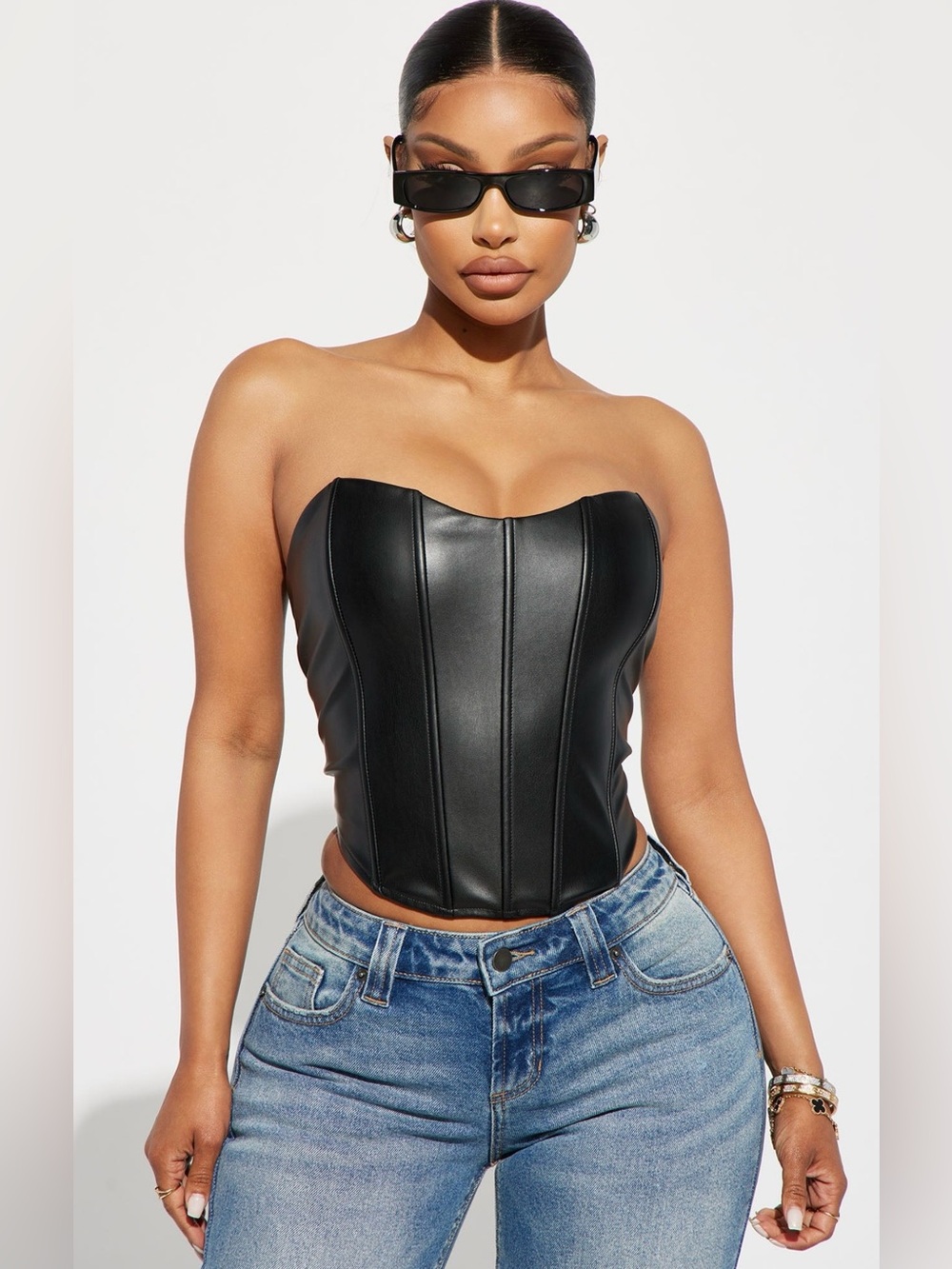 Fashion Nova - Black Strapless Faux Leather Corset Top